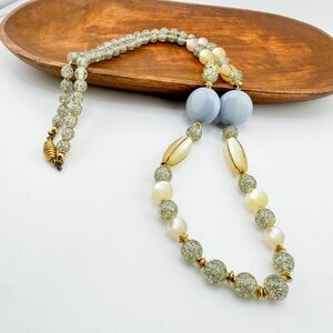 Vintage Beaded Statement Necklace Glitter Gold Blue Cream Lucite Pearls 1980s